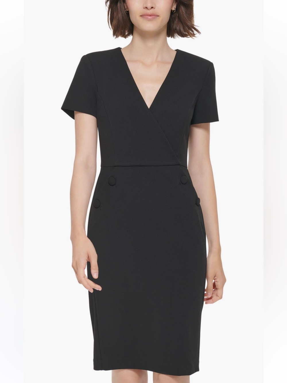 CALVIN KLEIN || Black Short-Sleeve V-Neck Button Sheath Dress, tailored midi